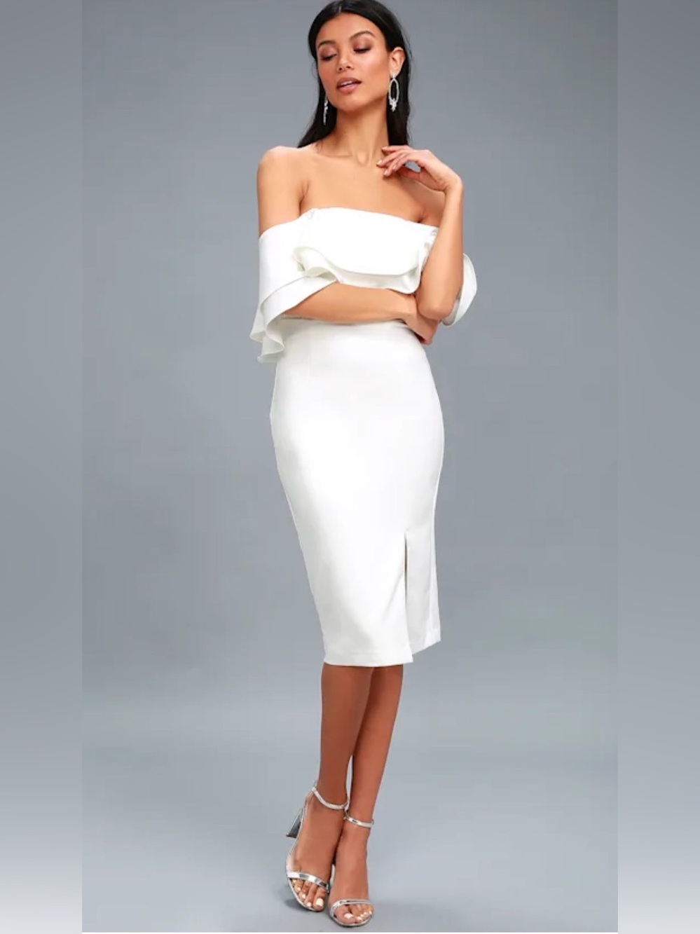 Bardot Off-Shoulder White Band Ruffle Midi Dress Bridal Wedding White Party